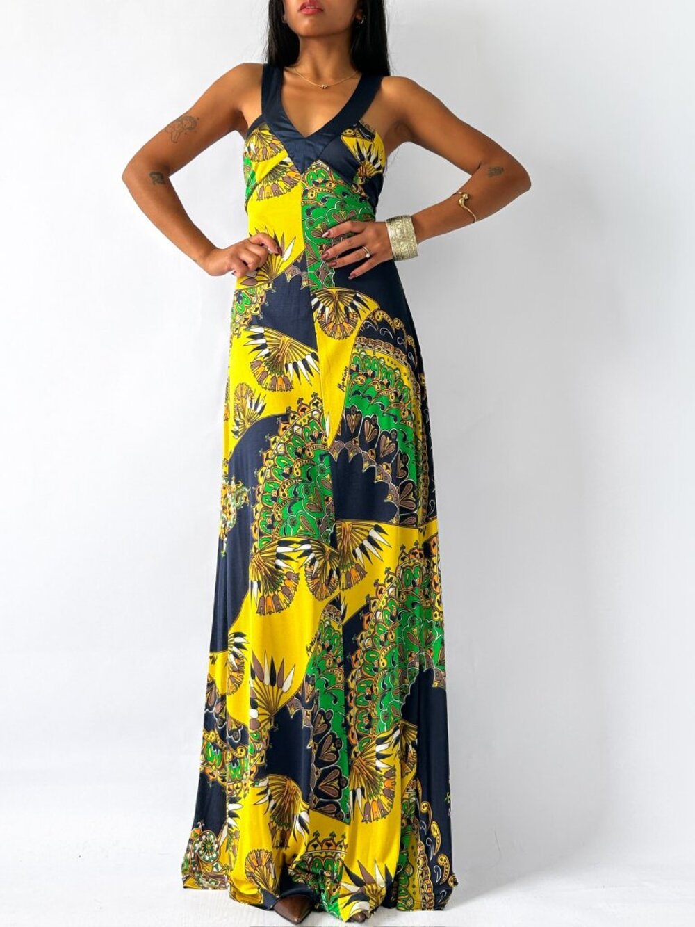 Marciano 100% Silk Art Deco So Cavalli coded Scarf Print Backless Maxi Dress